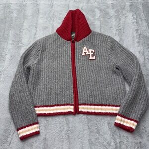 American Eagle Vintage Letterman Sweater Womens Medium Gray Red Knit Zip Up Crop